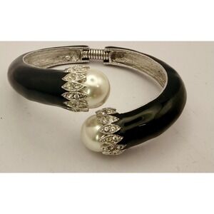 Kenneth Jay Lane Black Enamel Pearl Crystal Bypass Cuff Bracelet